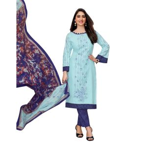 Women's casual cotton printed unstiched dress material in sky blue